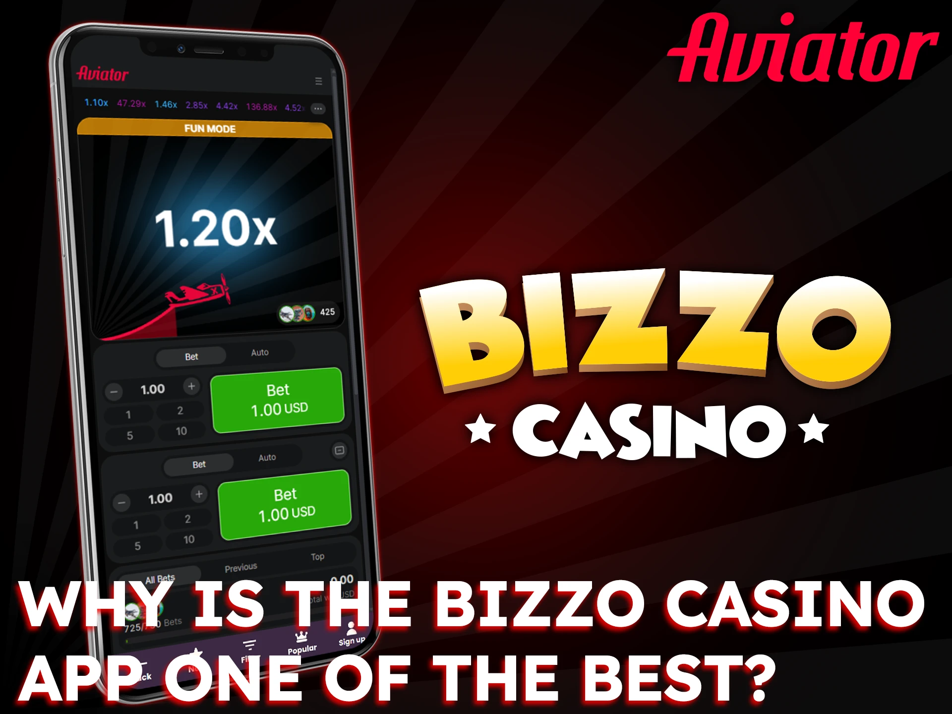 Enjoy an exciting gaming experience with Aviator in the Bizzo app.