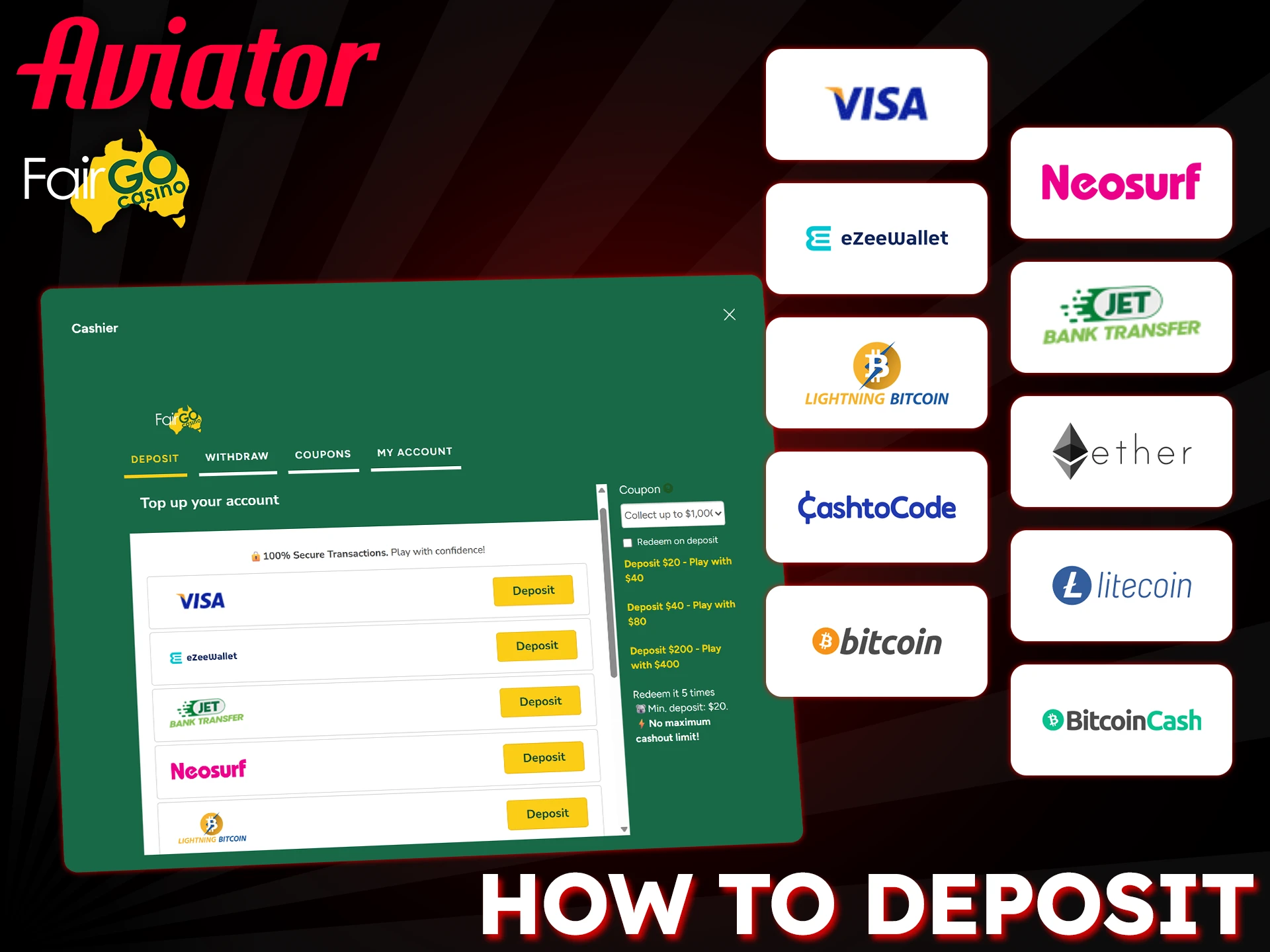 To play Aviator for real money, fund your Fair Go Casino account.