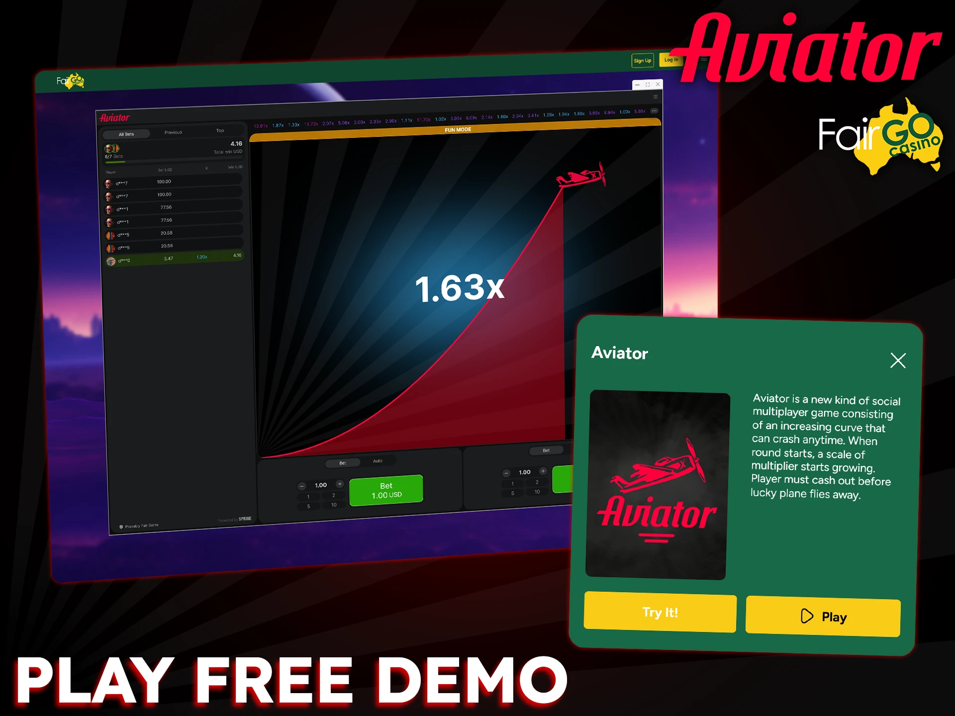 Try Aviator's demo mode at Fair Go Casino to learn the game risk-free.