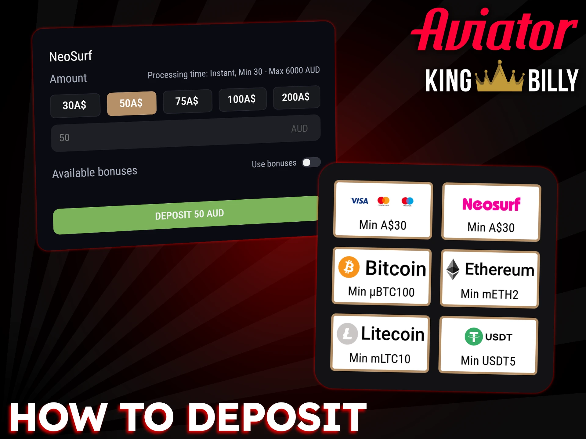Deposit funds into your King Billy wallet to start playing Aviator.