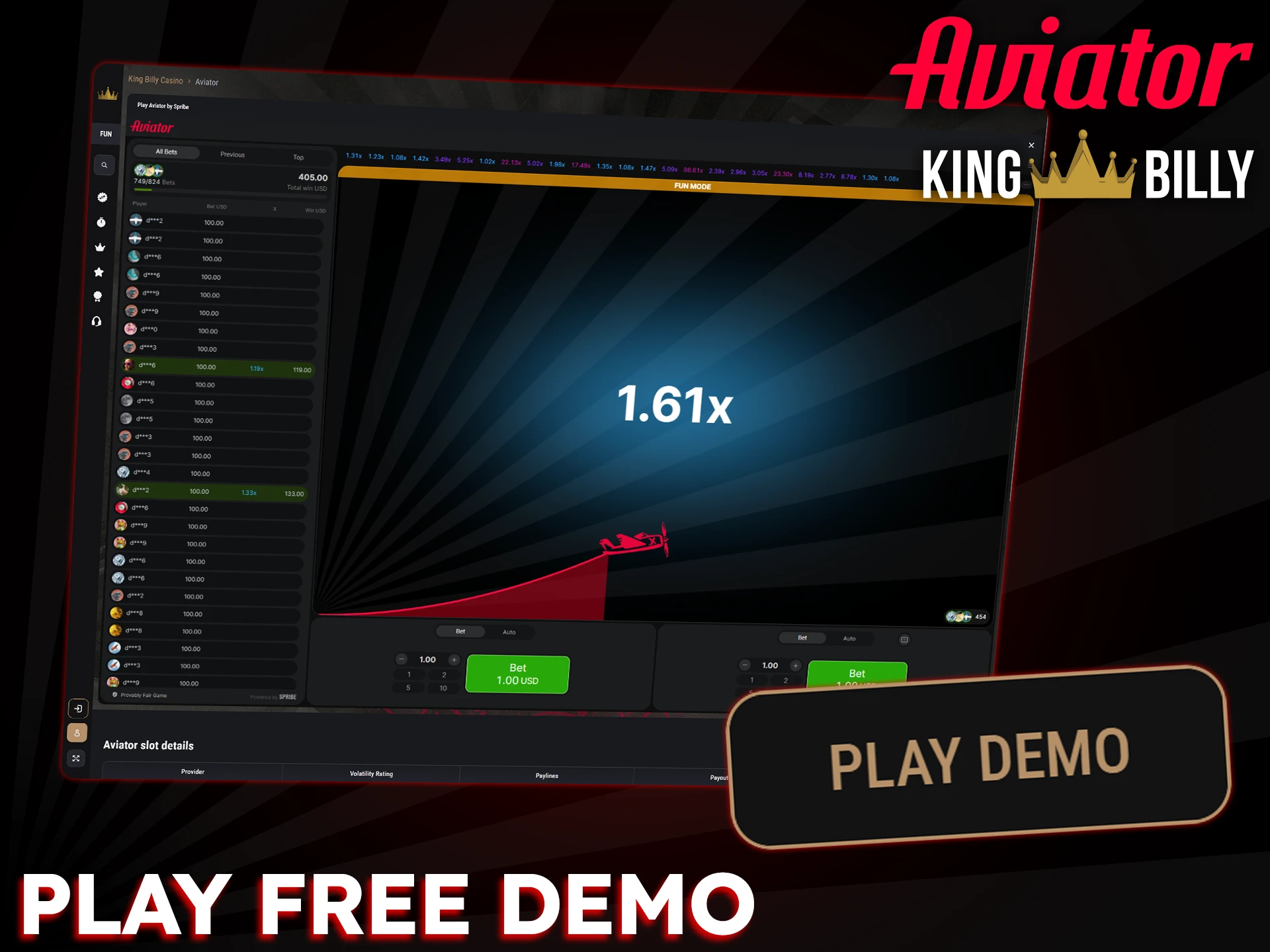 Demo mode of Aviator is not available at King Billy.