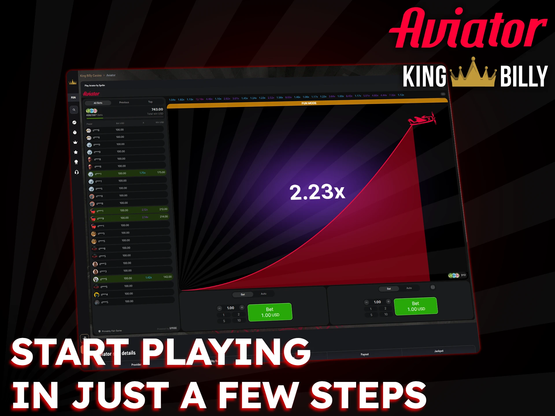 Follow a few simple steps to start playing Aviator at King Billy.