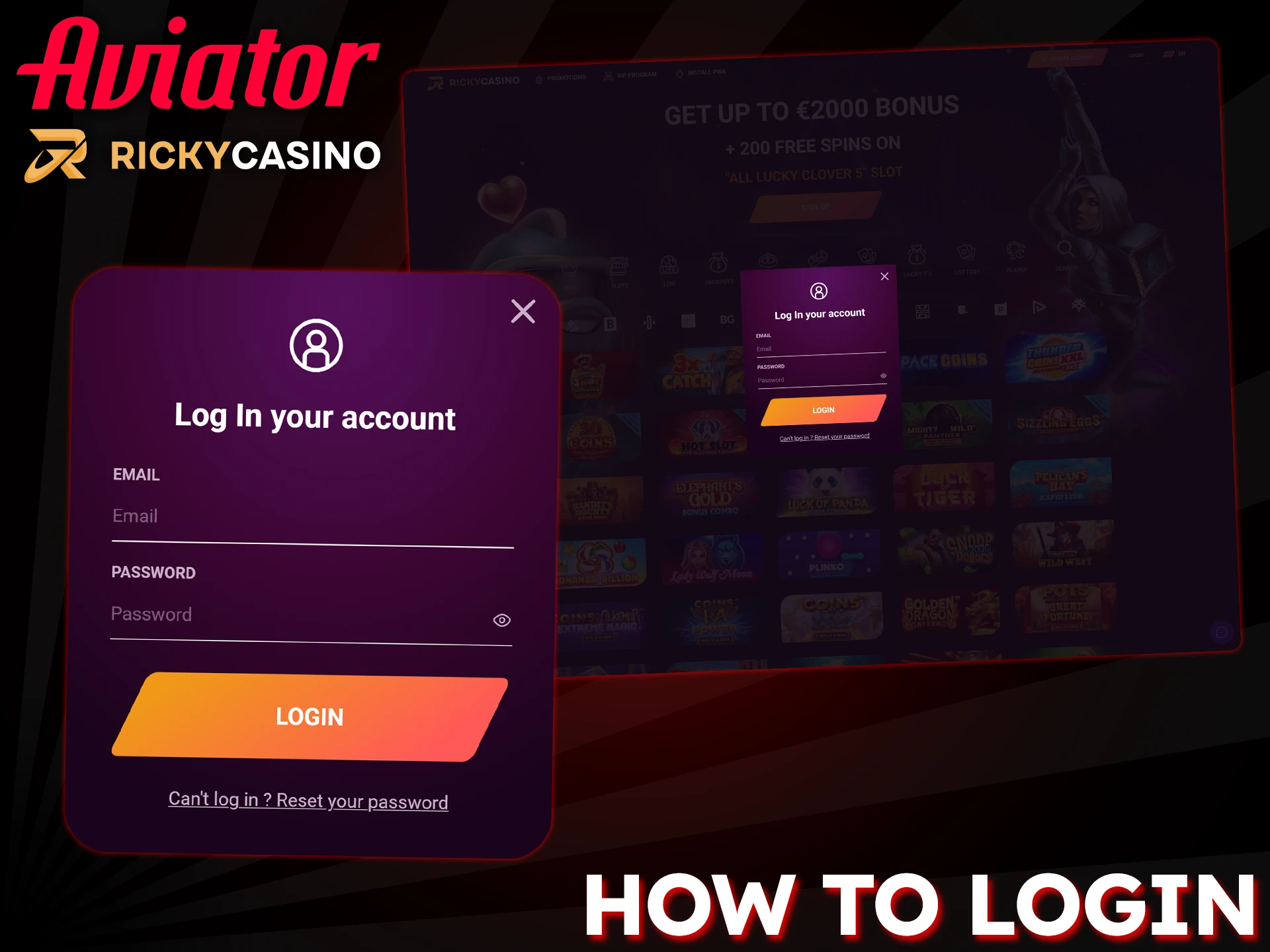 Simply log into your existing Ricky Casino account to play Aviator.