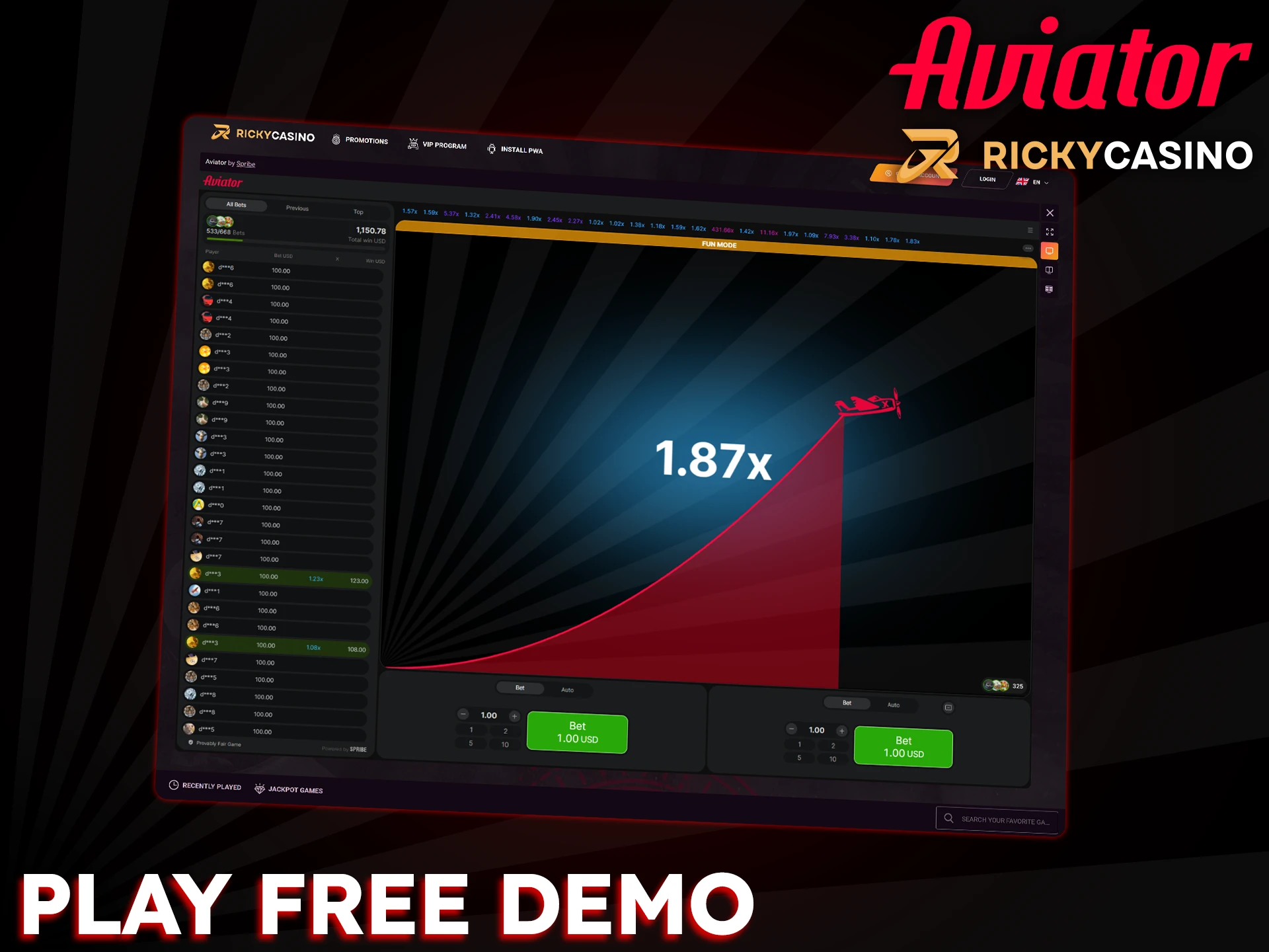 Play the Aviator demo at Ricky Casino to get familiar with the basic features.