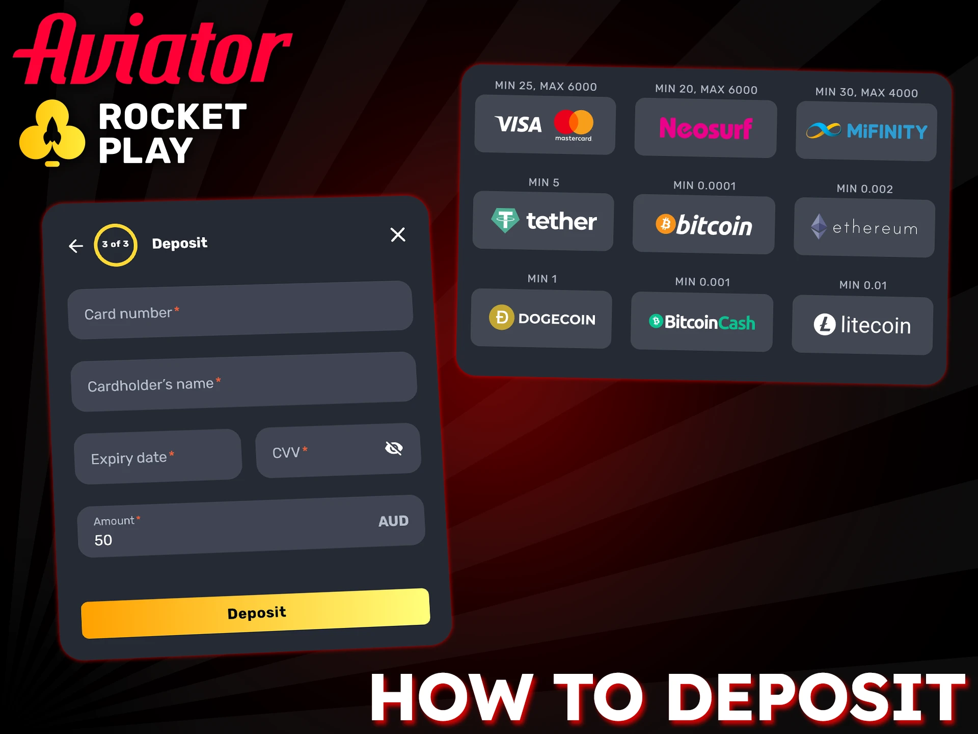 Follow these instructions to quickly and easily deposit funds to play Aviator at RocketPlay.