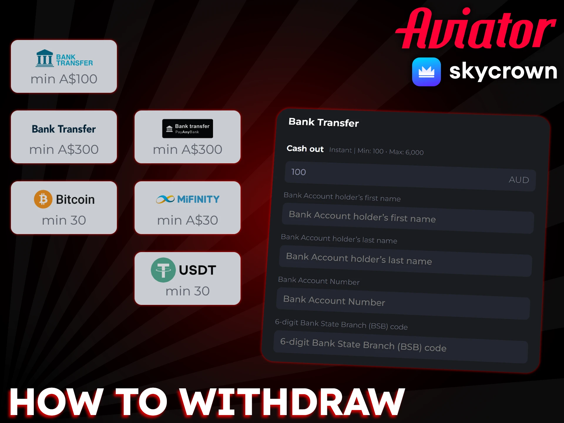 SkyCrown offers a variety of ways to withdraw your Aviator winnings.