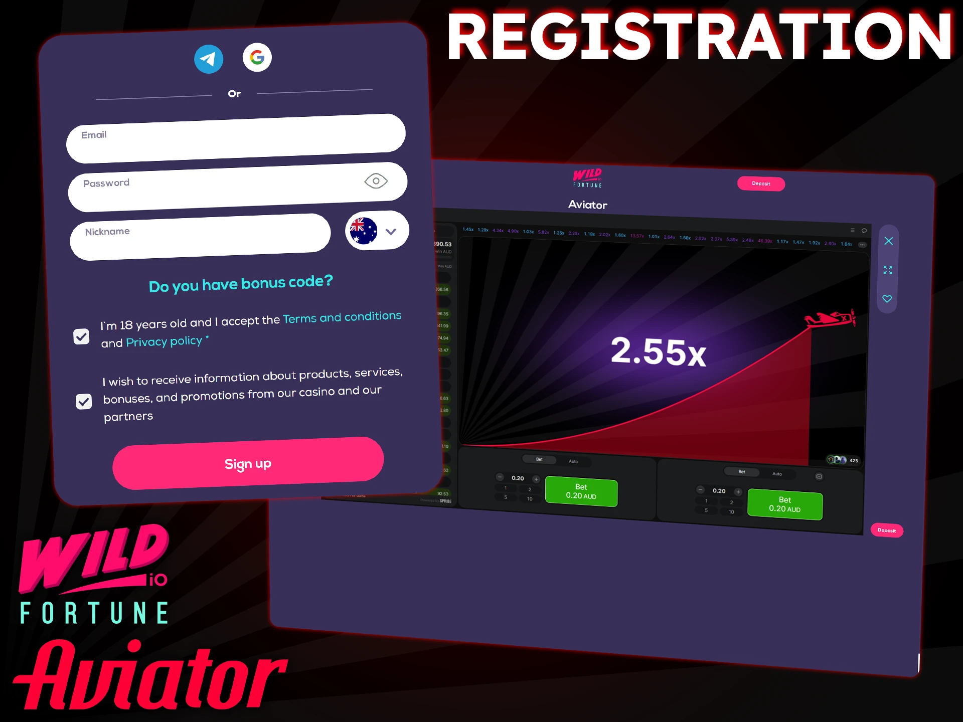 To start playing Aviator, simply register at Wild Fortune using the instructions.