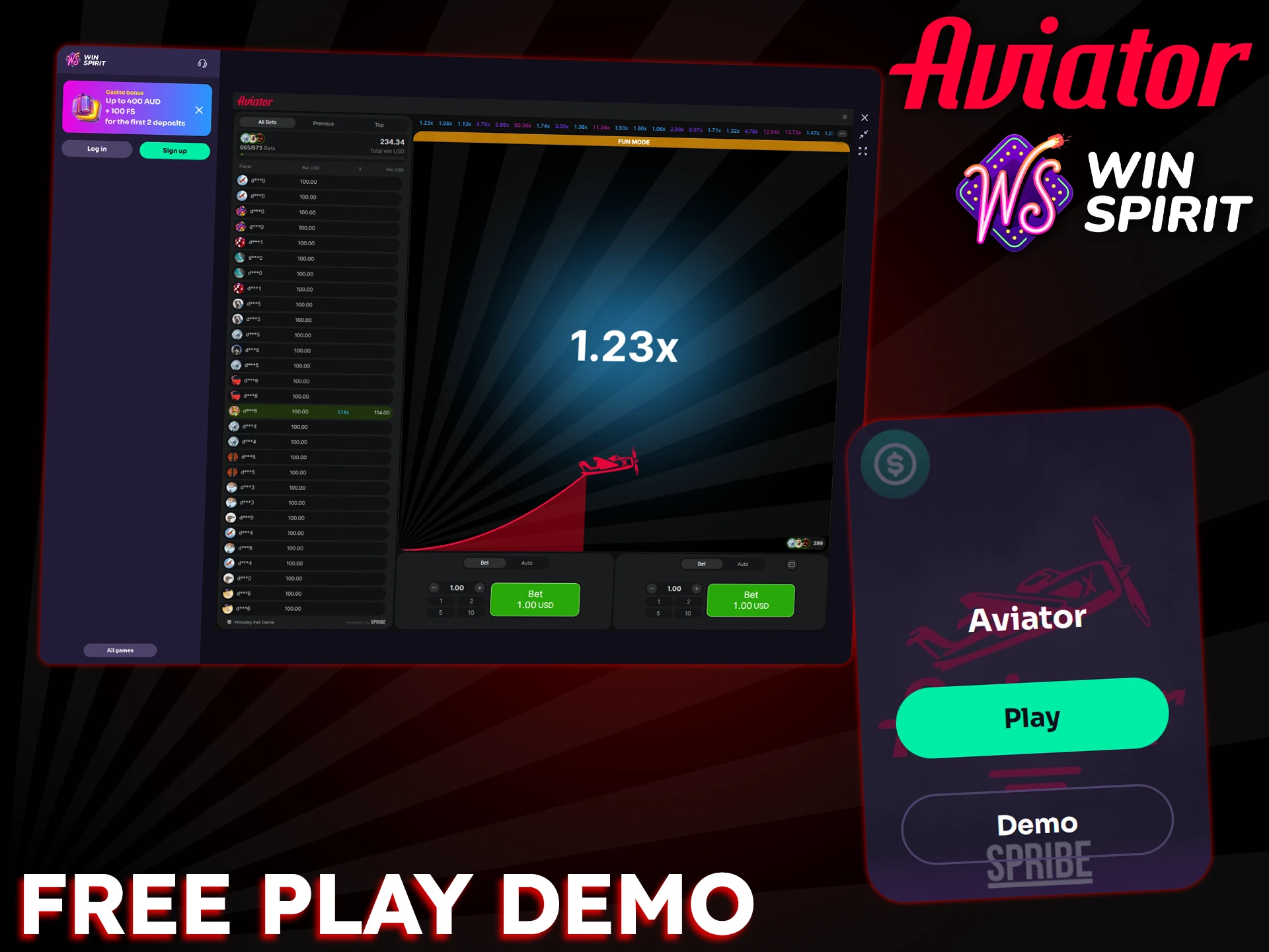 Practice risk-free with WinSpirit's free Aviator demo mode.
